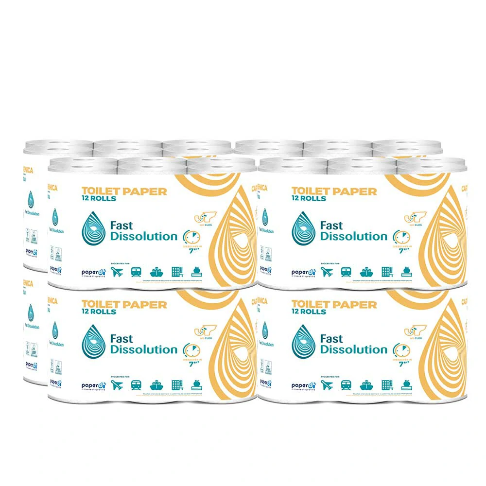 Emballage : 8 paquets de papier toilette hydrosoluble, 12 rouleaux, Fast Dissolution