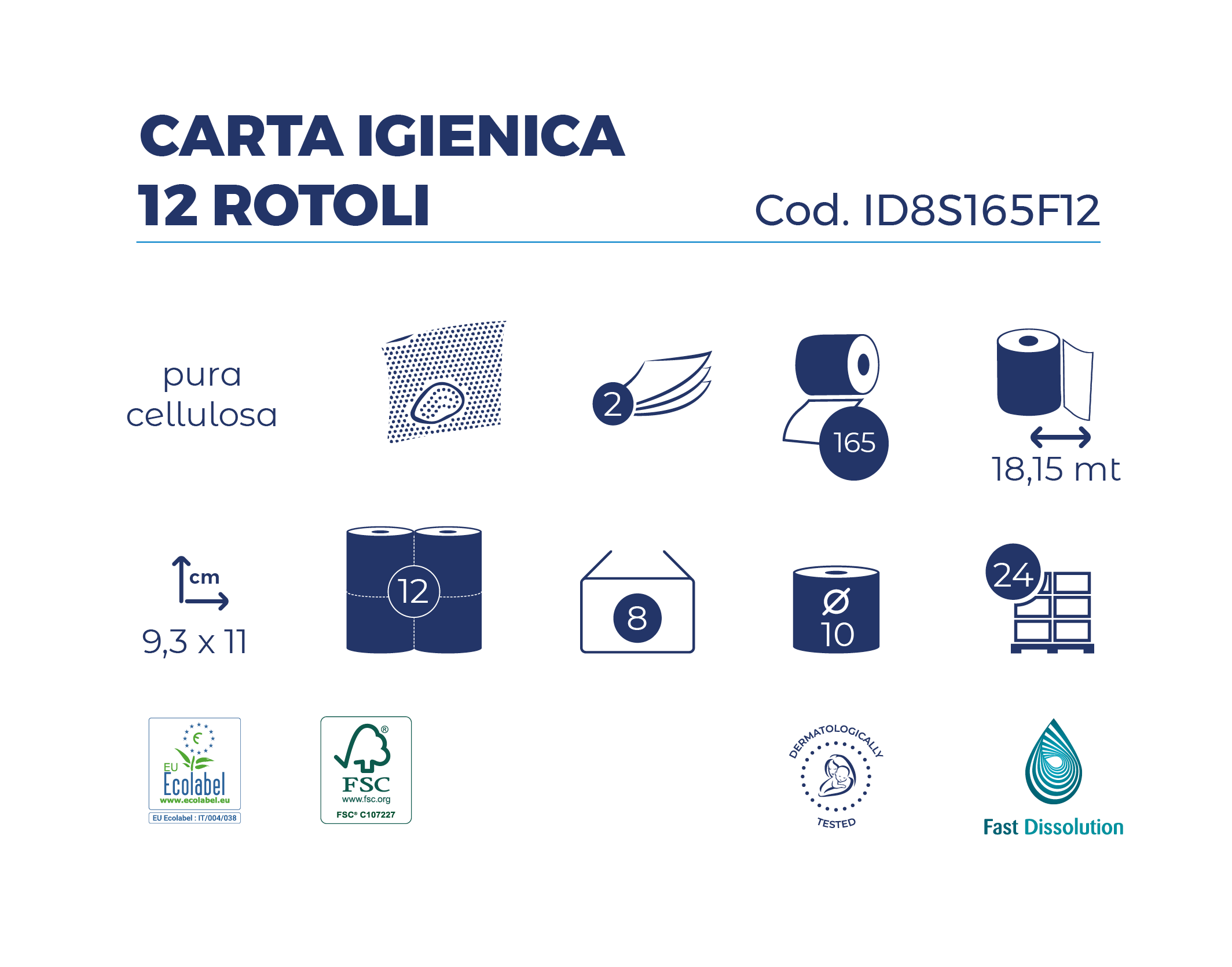 Emballage : 8 paquets de papier toilette hydrosoluble, 12 rouleaux, Fast Dissolution