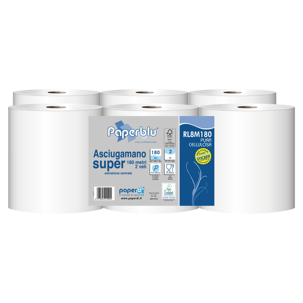Emballage de 10 paquets de 6 rouleaux d'essuie-tout Super 180 à tirette centrale
