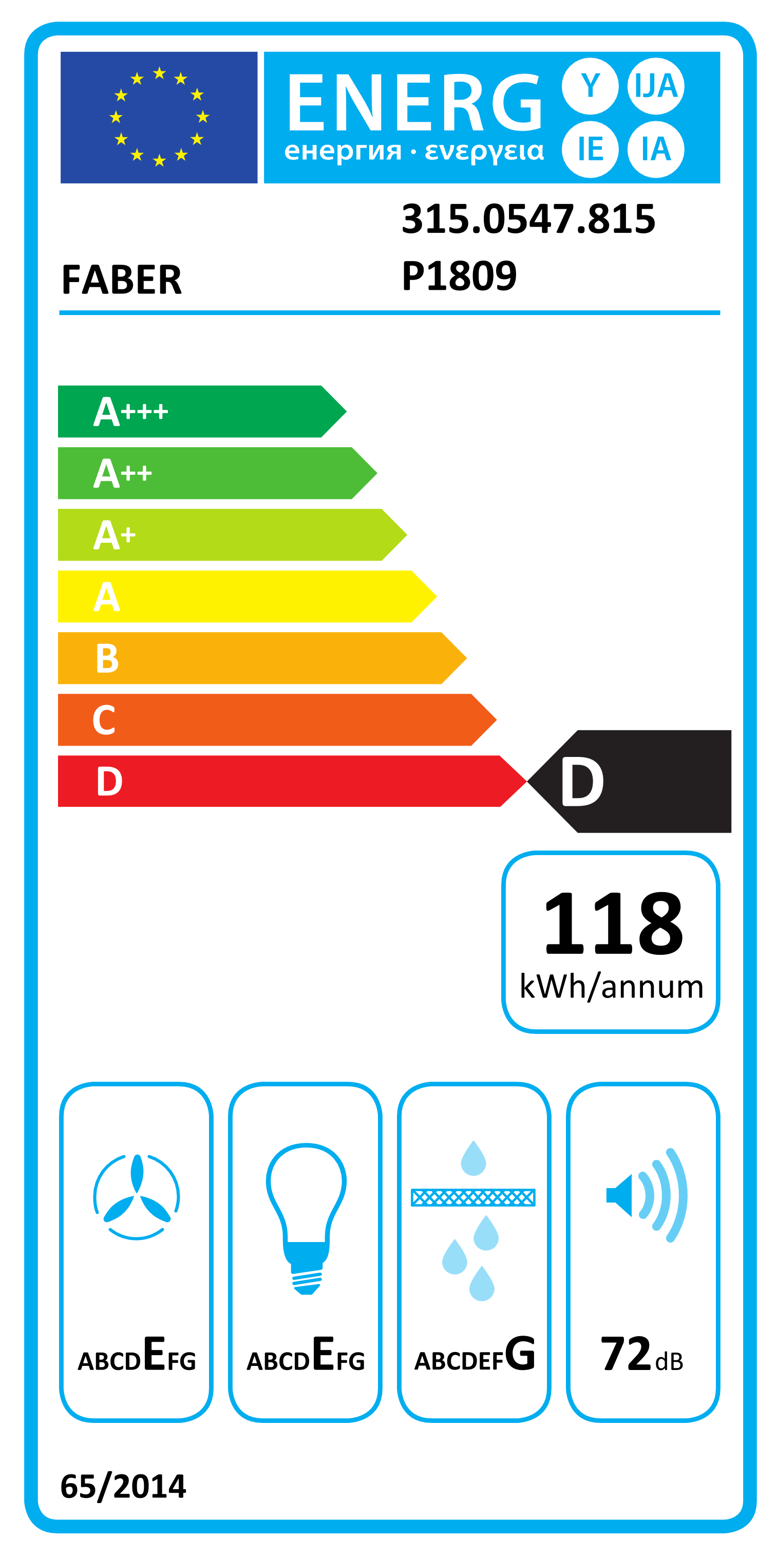 Scheda energetica EPREL Hotte aspirante encastrée Faber 2152 gris clair 90 cm