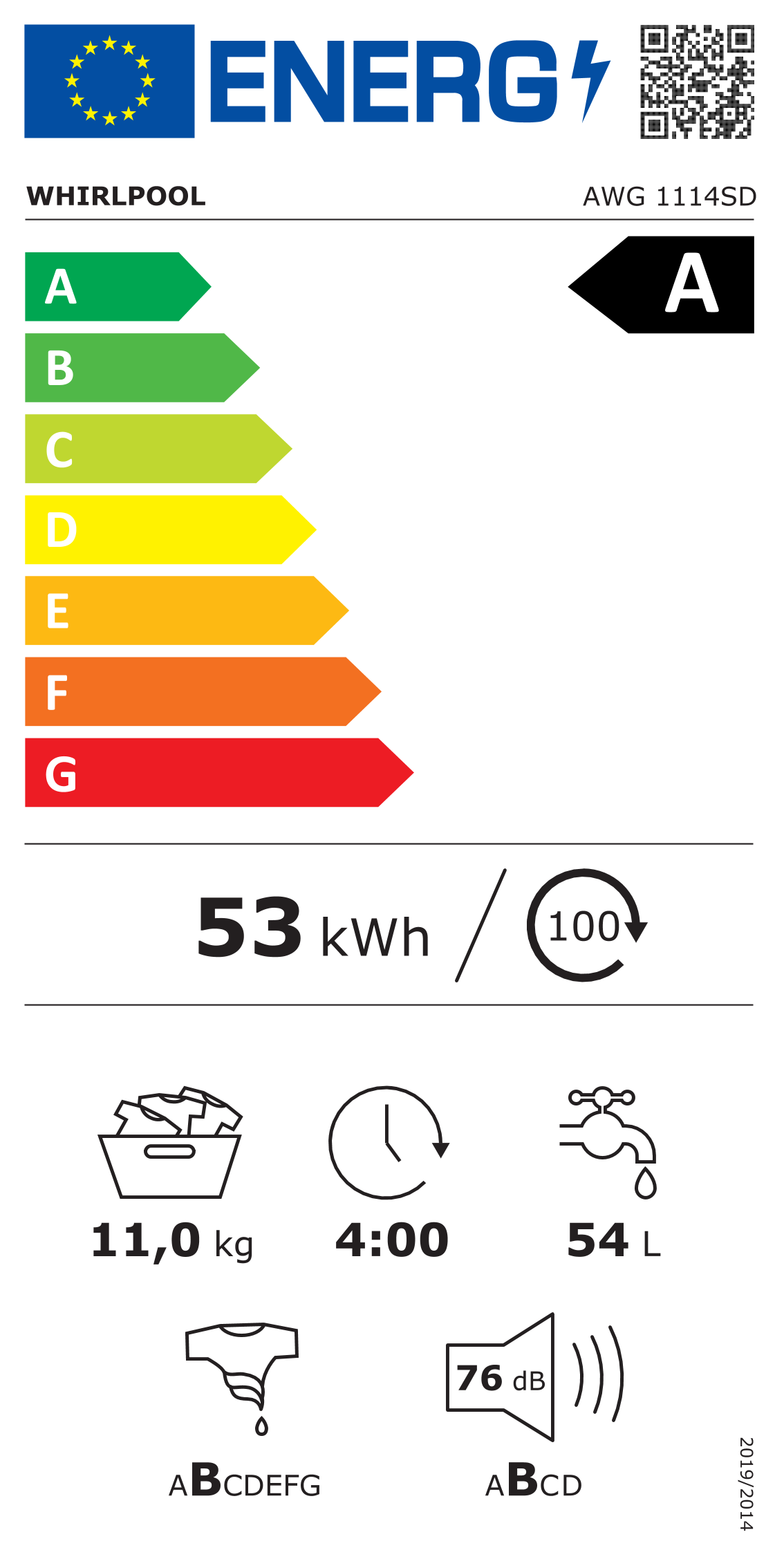 Scheda energetica EPREL Machine à laver Whirlpool 11 kg AWG 1114SD
