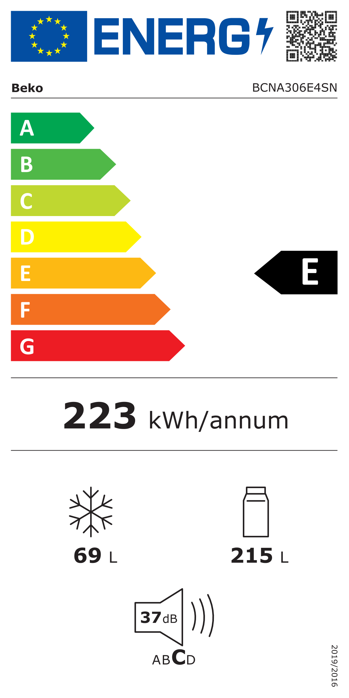 Scheda energetica EPREL Frigorifero da incasso combinato Beko no frost BCNA306E4SN